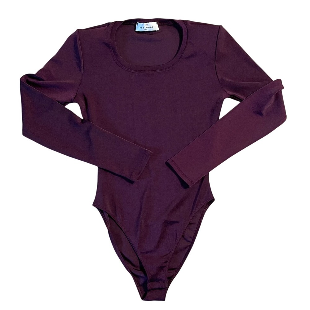 Feel Good Paris Bodysuit Sz M Purple Y2K 90s Shoulder Pads Buttery Stretch Luxe